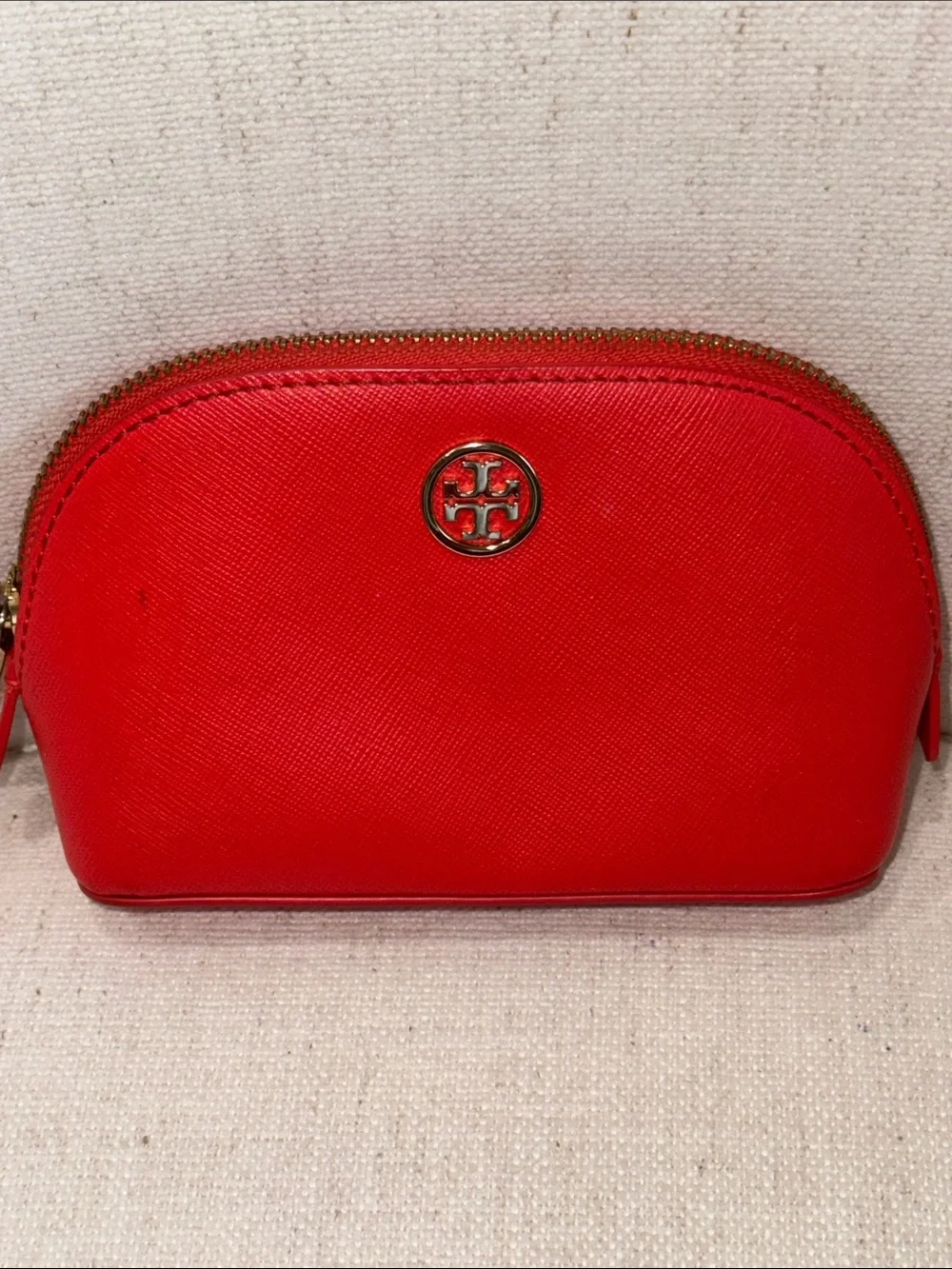 Tory Burch Orange-Red Dome Cosmetic Pouch with Gold Logo
